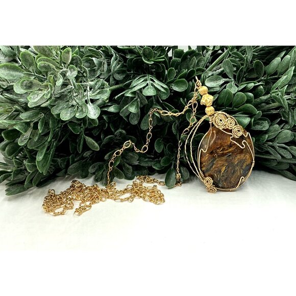 Gold 14kt GF Wire Wrapped Pietersite Pendant Artisan Handmade Gemstone Necklace - Picture 5 of 9